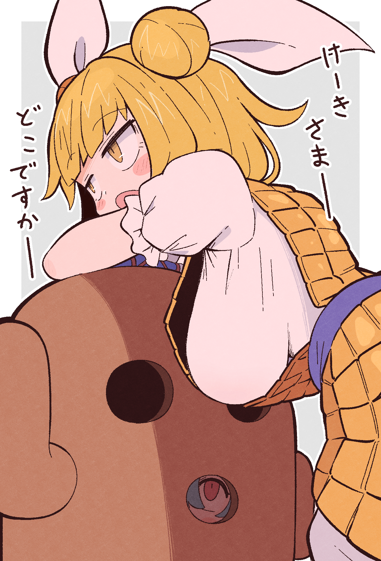 kurachi mizuki, haniyasushin keiki, joutouguu mayumi, touhou, highres, arm ribbon, armor, armored dress, breasts, double bun, dress, hair bun, large breasts, ribbon, white ribbon, yellow armor