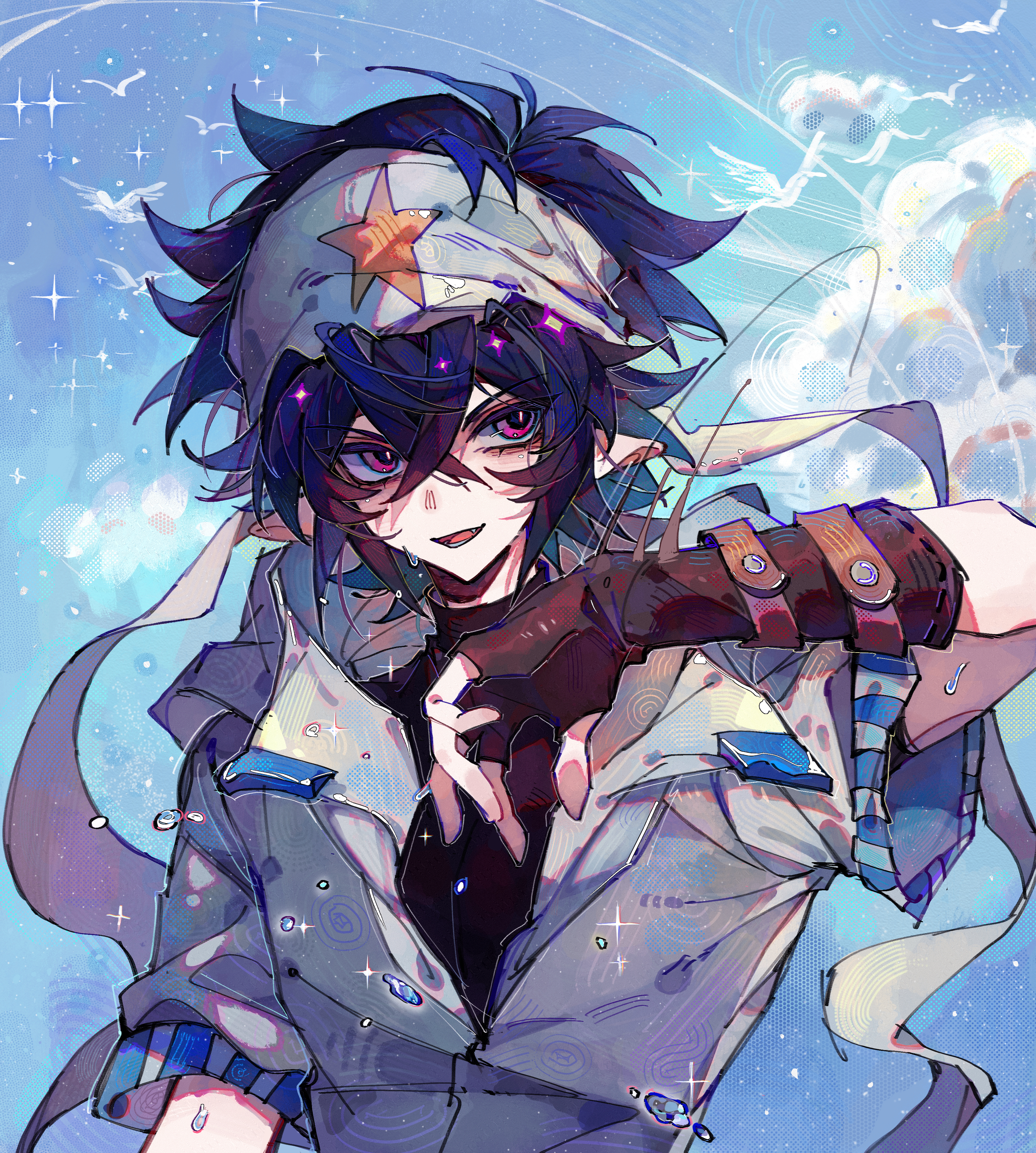 ray (aotu world), aotu world, absurdres, chinese commentary, highres, 1boy, bandana, bird, bishounen, black gloves, black hair, black shirt, blue background, blue hair, blue sky, brown gloves, cloud, fang, fingerless gloves, gloves, hair between eyes, hand up, headband, hood, hood down, hooded jacket, jacket, looking at viewer, male focus, muguangshanshan82864, open mouth, pointy ears, print headband, purple eyes, shirt, short hair, short sleeves, sky, smile, solo, sparkle, star (symbol), star print, sweat, turtleneck, turtleneck shirt, upper body, white headband, white jacket