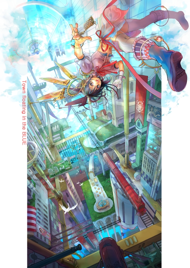 fuzichoco, original, 1girl, city, cityscape, female focus, floating, flying, fuzi chouko, gloves, hair ornament, open mouth, ribbon, single glove, solo, thighhighs, train, upside-down, wings