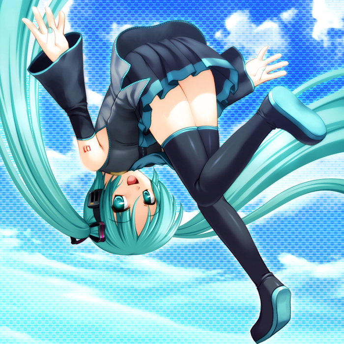 totokichi, hatsune miku, vocaloid, 1girl, aqua hair, female focus, outdoors, sky, solo, thighhighs, twintails, zettai ryouiki