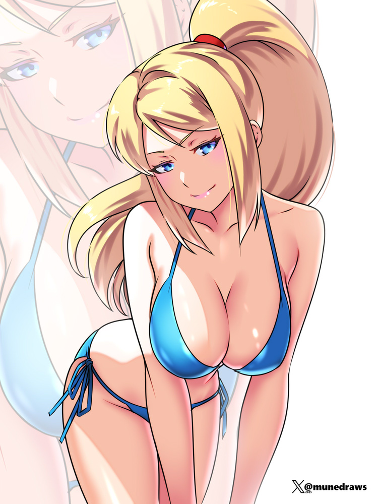 etchimune, samus aran, metroid, nintendo, 1girl, bare shoulders, bikini, blonde hair, blue bikini, blue eyes, blush, breasts, cleavage, closed mouth, clothing cutout, collarbone, hair tie, large breasts, long hair, looking at viewer, ponytail, smile, solo, stomach, swimsuit