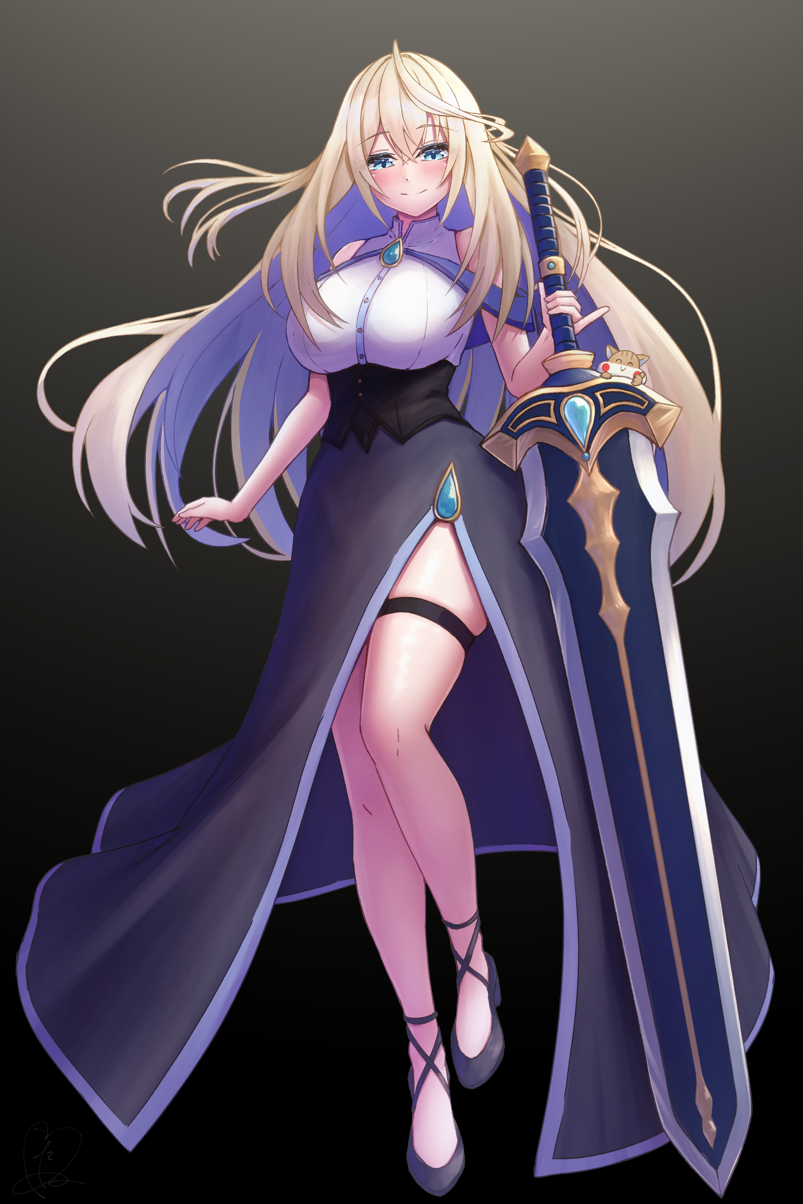 tanu (ace ikachan), manase yua, project blue (vtuber), absurdres, commentary request, highres, 1girl, black corset, black shoes, black skirt, blonde hair, blue brooch, blue eyes, blue gemstone, breasts, brooch, closed mouth, corset, crossed bangs, full body, gem, gradient background, grey background, hair between eyes, hamster, holding, holding sword, holding weapon, jewelry, large breasts, legs, long hair, looking at viewer, pinky out, shirt, shoes, skirt, sleeveless, sleeveless shirt, smile, solo, sword, thigh strap, virtual youtuber, weapon, white shirt
