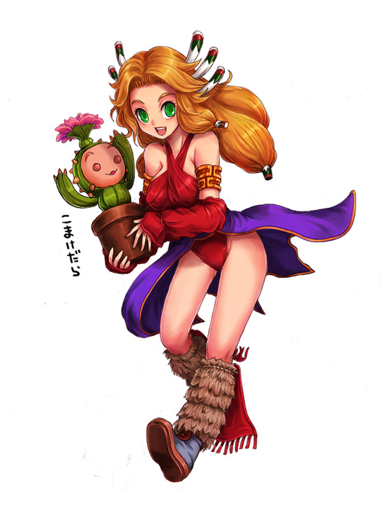 kara (color), imu, imu (lom), lil' cactus, legend of mana, seiken densetsu, 1girl, armband, blonde hair, cactus, criss-cross halter, detached sleeves, female focus, flower, flower pot, green eyes, hair tubes, halterneck, holding, open mouth, solo