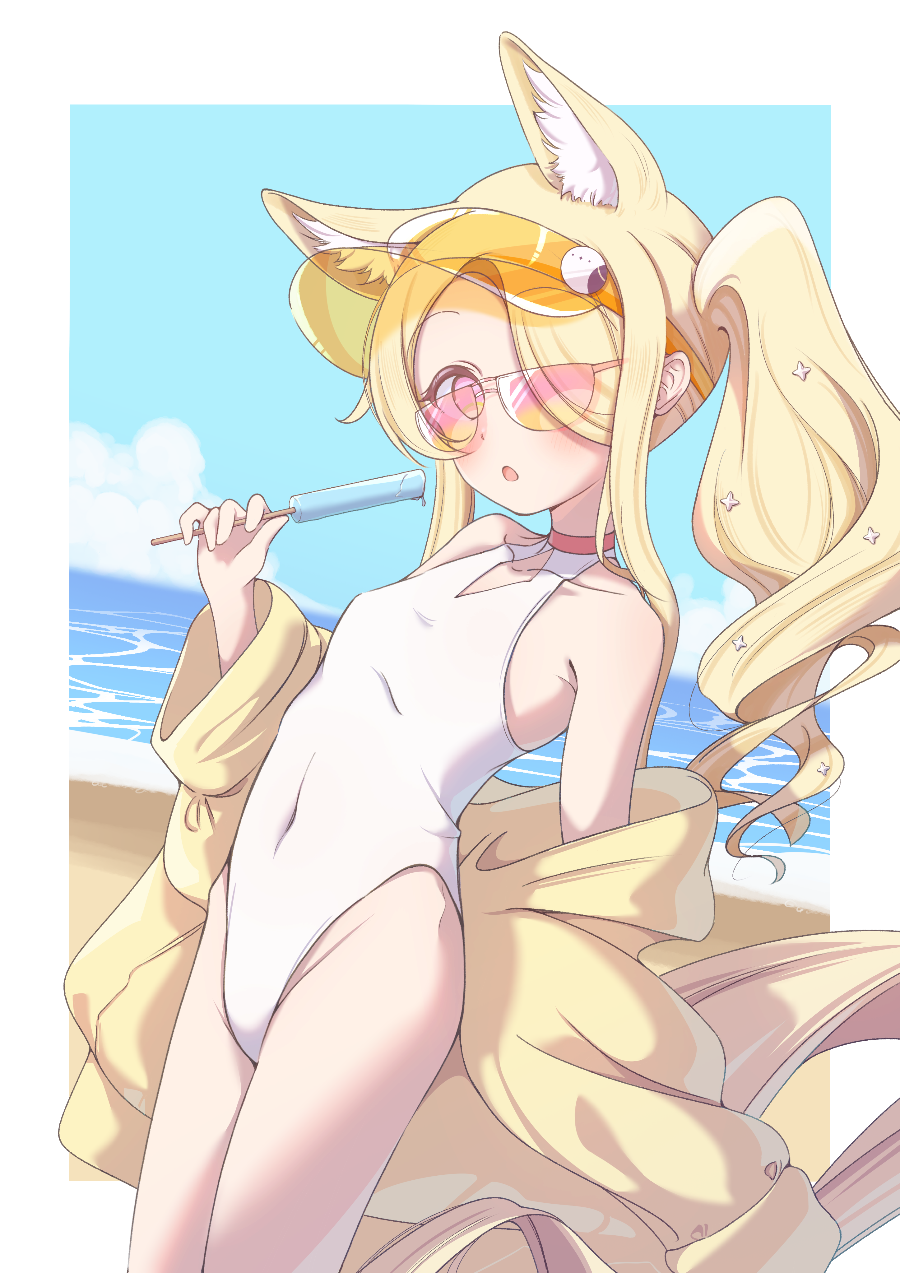 seia (blue archive), seia (swimsuit) (blue archive), blue archive, absurdres, highres, 1girl, animal ear fluff, animal ears, beach, blonde hair, blue sky, breasts, cloud, covered navel, cross halo, day, diamond cutout, food, fox ears, fox girl, fox tail, halo, highleg, highleg one-piece swimsuit, horizon, jacket, long hair, ocean, official alternate costume, official alternate hairstyle, one-piece swimsuit, orange-tinted eyewear, orange eyes, outdoors, popsicle, side ponytail, sky, small breasts, solo, sunglasses, swimsuit, tail, tinted eyewear, visor cap, white one-piece swimsuit, yellow halo, yellow jacket, yellow visor, yuuuta10628