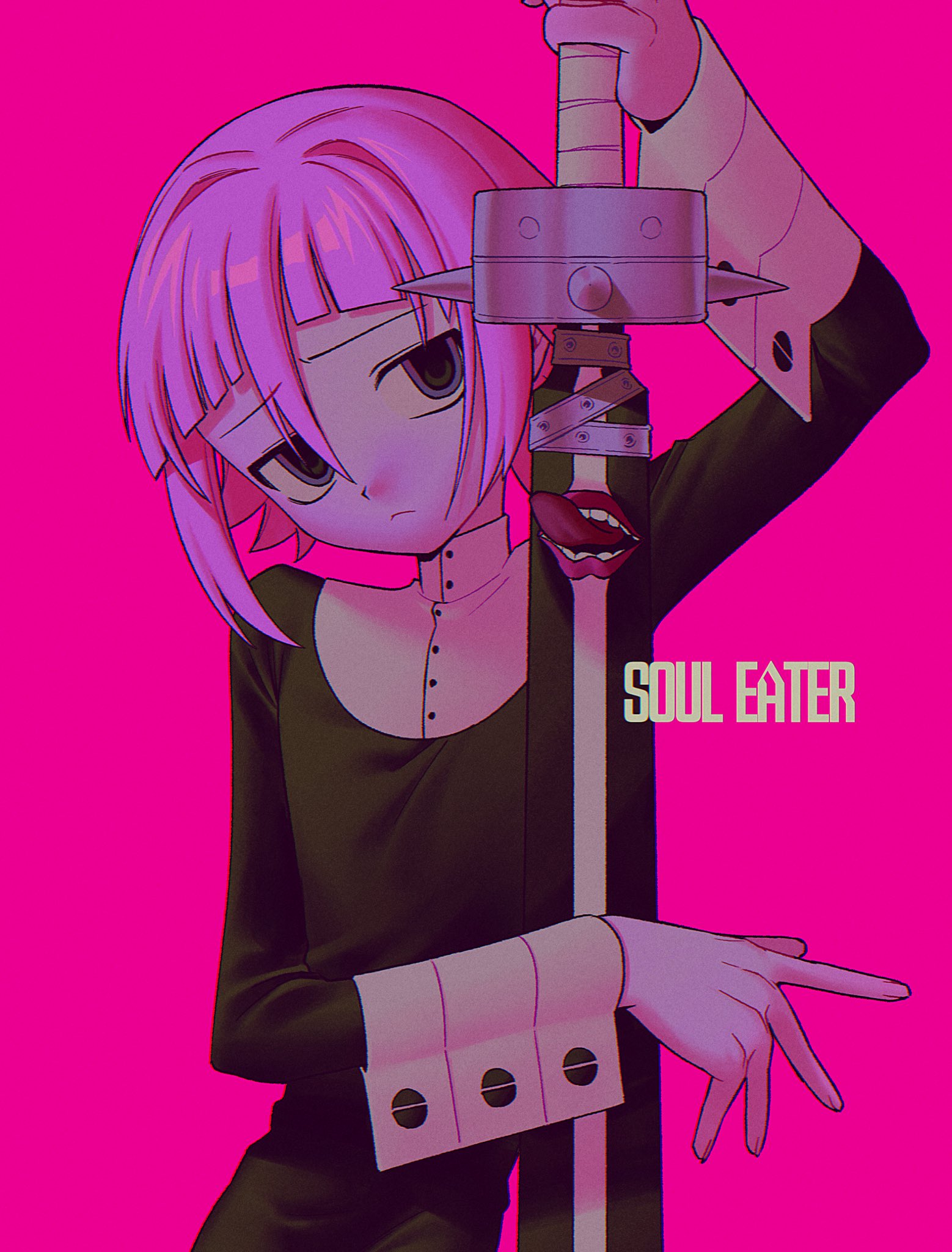 menma (enaic31), crona (soul eater), ragnarok (demon sword), highres, 1other, arm up, asymmetrical hair, blunt bangs, copyright name, empty eyes, grey eyes, holding, holding sword, holding weapon, jitome, long sleeves, pink background, pink hair, short hair, sleeve cuffs, sword, weapon