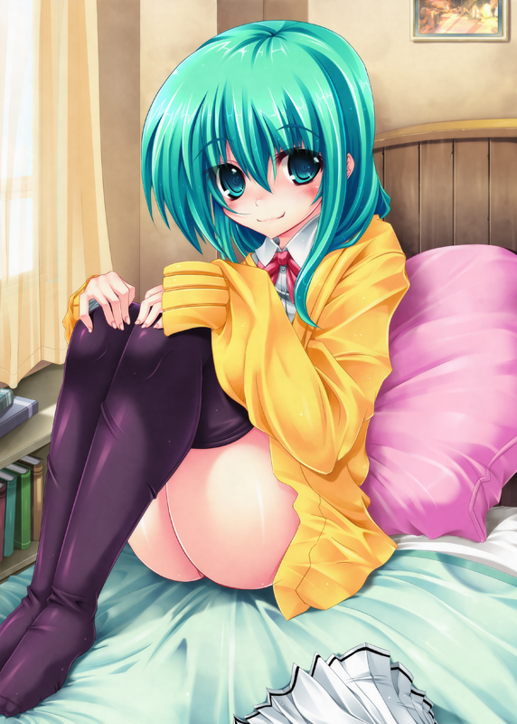 ichijou hitoshi, original, bad id, bad pixiv id, 1girl, ass, blue eyes, blue hair, female focus, indoors, matching hair/eyes, solo, thighhighs