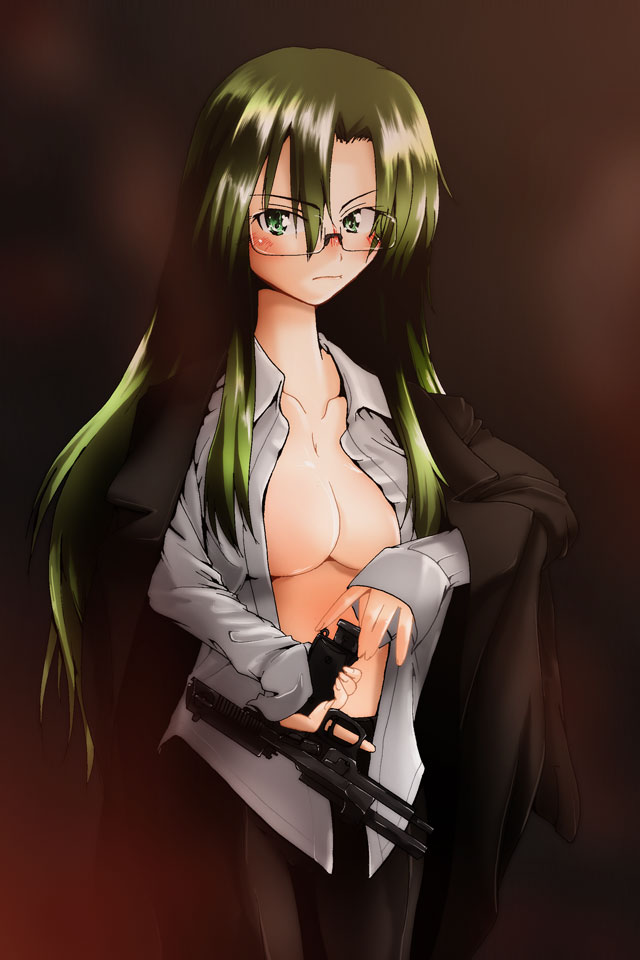 asatana, asougi rin, mnemosyne, 00s, 1girl, breasts, cleavage, female focus, glasses, green hair, gun, handgun, jacket, jacket on shoulders, magazine (weapon), medium breasts, no bra, open clothes, open shirt, pistol, reloading, shirt, solo, weapon