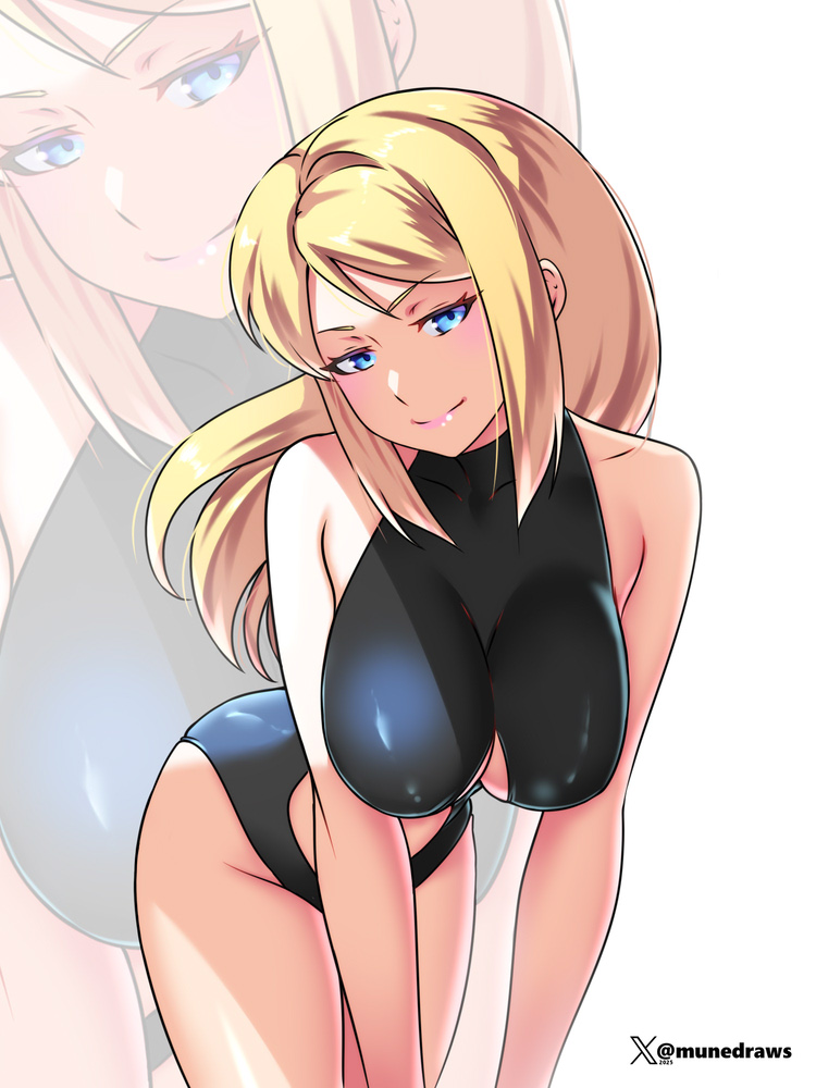 etchimune, samus aran, metroid, nintendo, 1girl, bare shoulders, black one-piece swimsuit, blonde hair, blue eyes, blush, breasts, closed mouth, clothing cutout, collarbone, large breasts, long hair, looking at viewer, one-piece swimsuit, smile, solo, stomach, stomach cutout, swimsuit