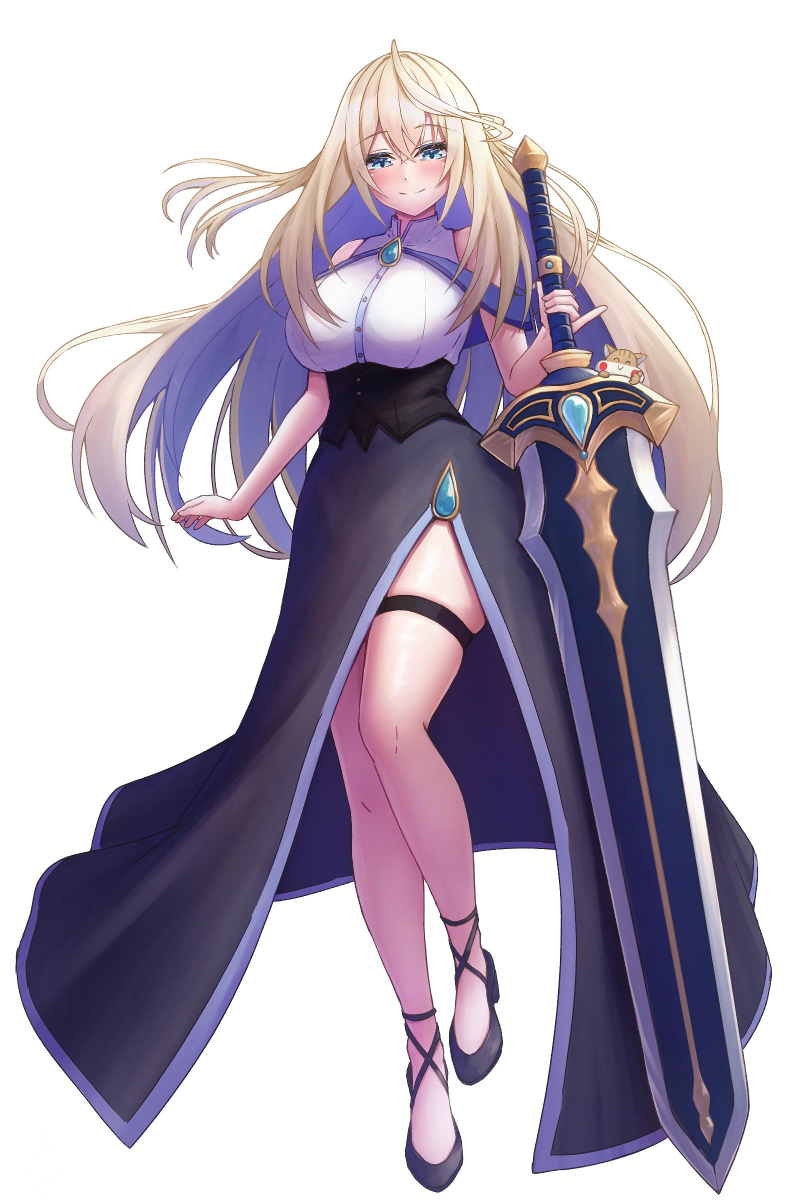 tanu (ace ikachan), manase yua, project blue (vtuber), absurdres, commentary request, highres, 1girl, black corset, black shoes, black skirt, blonde hair, blue brooch, blue eyes, blue gemstone, breasts, brooch, closed mouth, corset, crossed bangs, full body, gem, hair between eyes, hamster, holding, holding sword, holding weapon, jewelry, large breasts, legs, long hair, looking at viewer, pinky out, shirt, shoes, simple background, skirt, sleeveless, sleeveless shirt, smile, solo, sword, thigh strap, transparent background, virtual youtuber, weapon, white shirt