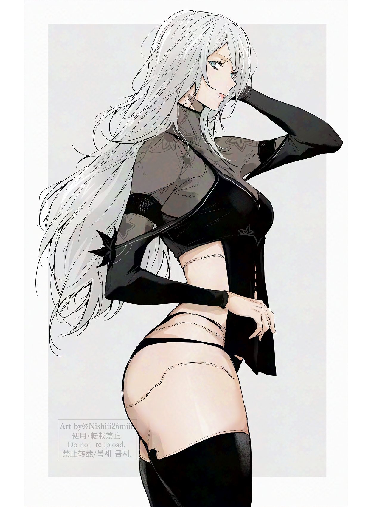 nishiii26miii, a2 (nier:automata), nier:automata, nier (series), commentary request, highres, 1girl, black camisole, black panties, black thighhighs, camisole, grey eyes, long hair, looking at viewer, panties, solo, thighhighs, underwear, white hair