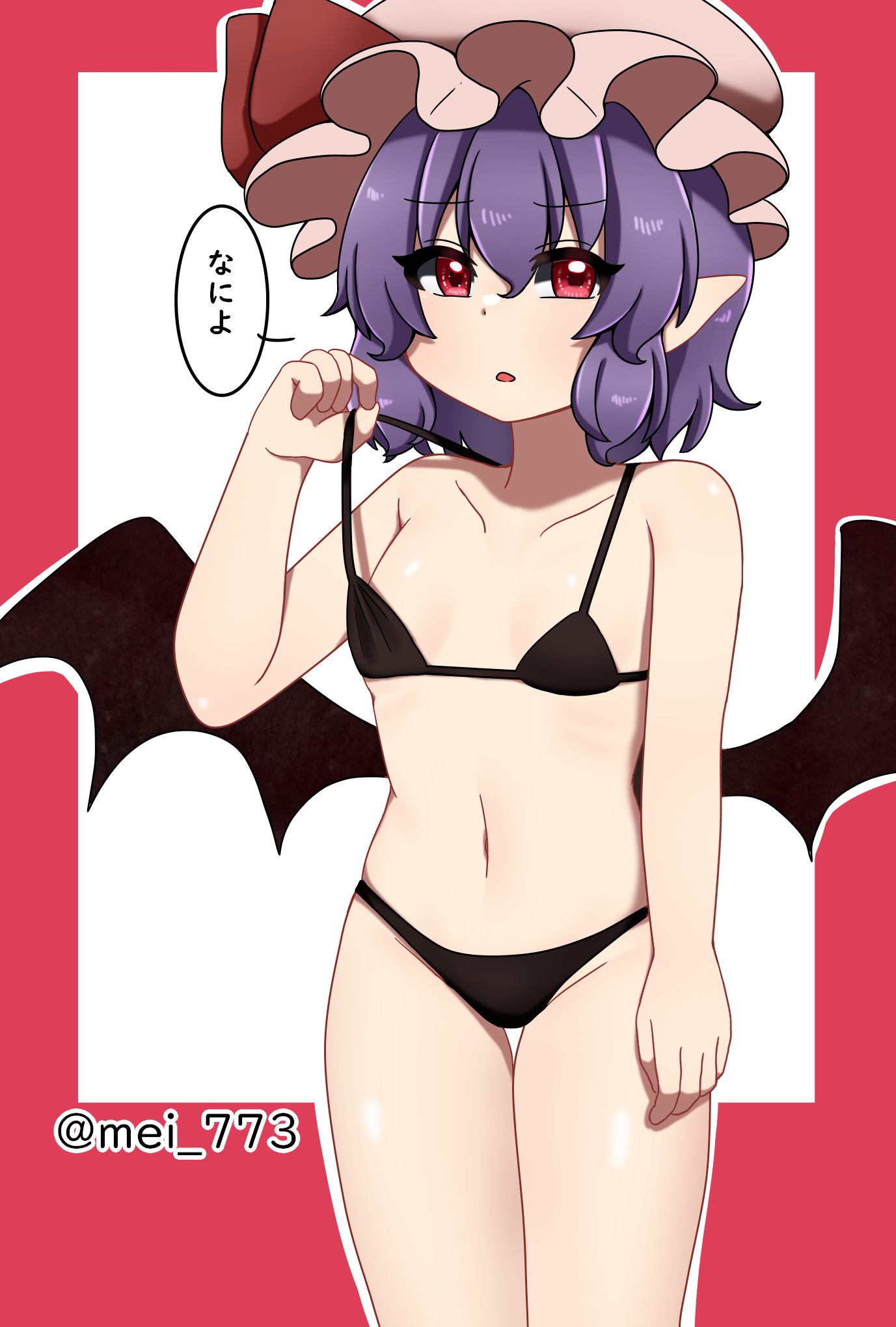 mei 773, remilia scarlet, touhou, commentary request, highres, translation request, 1girl, arm at side, bat wings, bikini, bikini top pull, black bikini, bow, breasts, collarbone, cowboy shot, hand up, hat, hat bow, legs together, looking at viewer, medium hair, mob cap, navel, open mouth, pink hat, pointy ears, pulling own clothes, purple hair, red bow, red eyes, small breasts, solo, speech bubble, standing, swimsuit, thigh gap, twitter username, wings