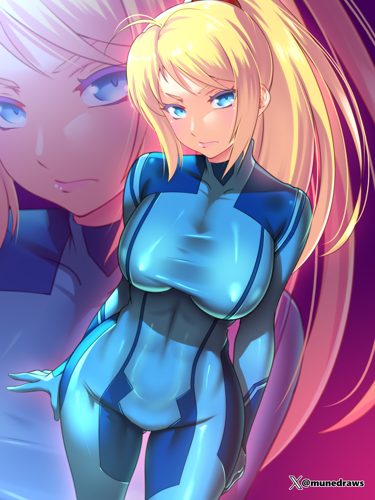 etchimune, samus aran, metroid, nintendo, 1girl, blonde hair, blue bodysuit, blue eyes, blush, bodysuit, breasts, closed mouth, impossible bodysuit, impossible clothes, large breasts, long hair, looking at viewer, ponytail, skin tight, solo, zero suit