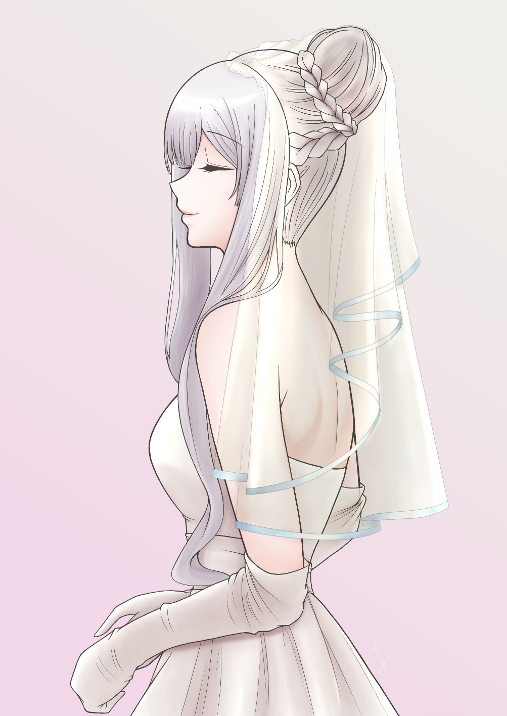24 himehime, ak-12 (girls' frontline), girls' frontline, commentary, english commentary, highres, 1girl, alternate costume, back, bare shoulders, braid, breasts, bridal veil, closed eyes, closed mouth, dress, elbow gloves, gloves, grey hair, hair bun, long hair, side braid, sidelocks, simple background, smile, solo, upper body, veil, wedding dress, white dress, white gloves