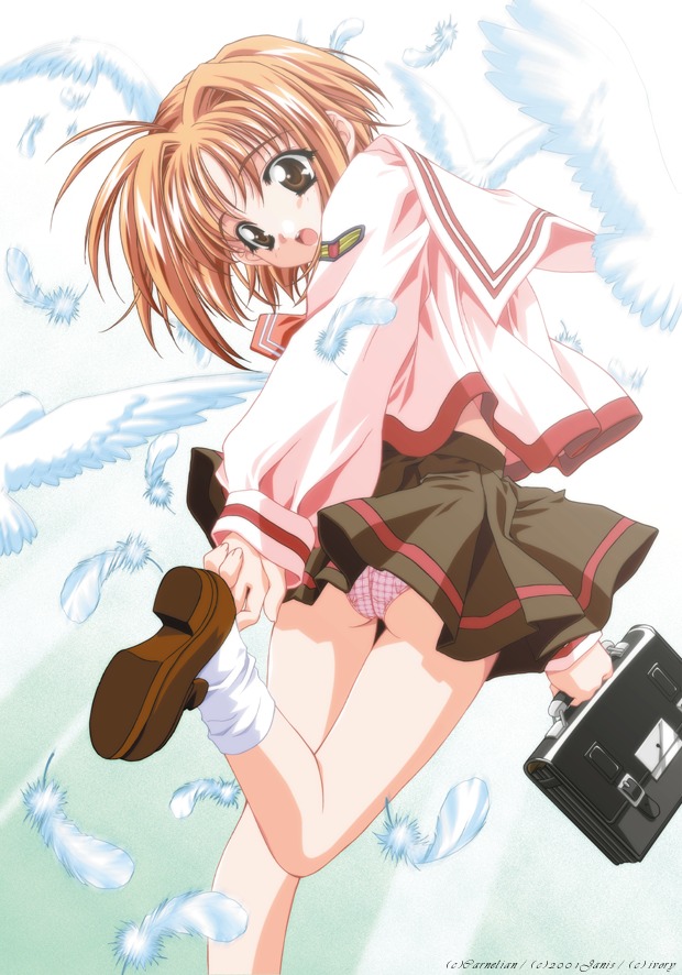 carnelian, bird, brown eyes, brown hair, feathers, hair intakes, kneehighs, open mouth, panties, pantyshot, school uniform, serafuku, short hair, socks, solo, underwear, wings