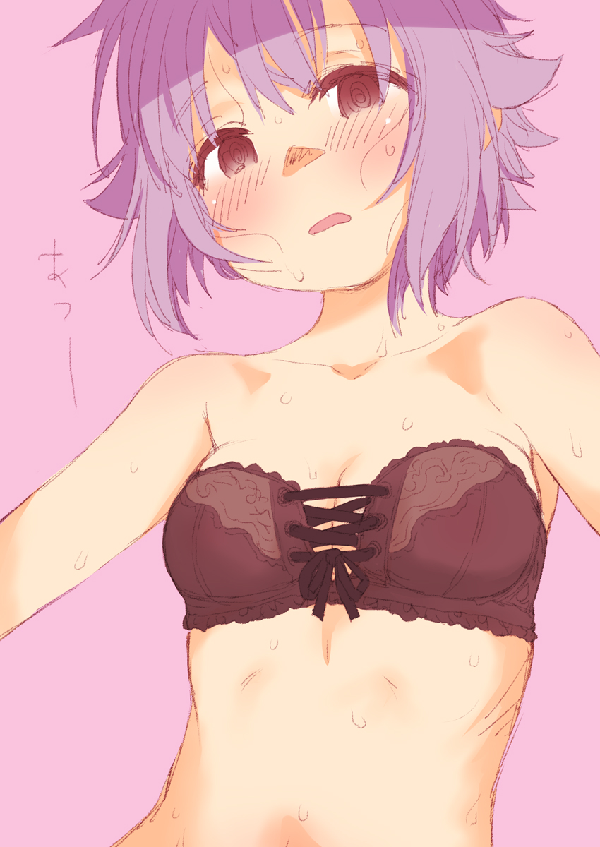 sakaki imasato, koshimizu sachiko, idolmaster, idolmaster cinderella girls, highres, translation request, 1girl, @ @, bare shoulders, blush, bra, breasts, brown bra, brown eyes, cleavage, collarbone, front-tie bra, looking at viewer, medium breasts, open mouth, purple background, purple hair, short hair, simple background, solo, stomach, strapless, strapless bra, sweat, underwear, upper body