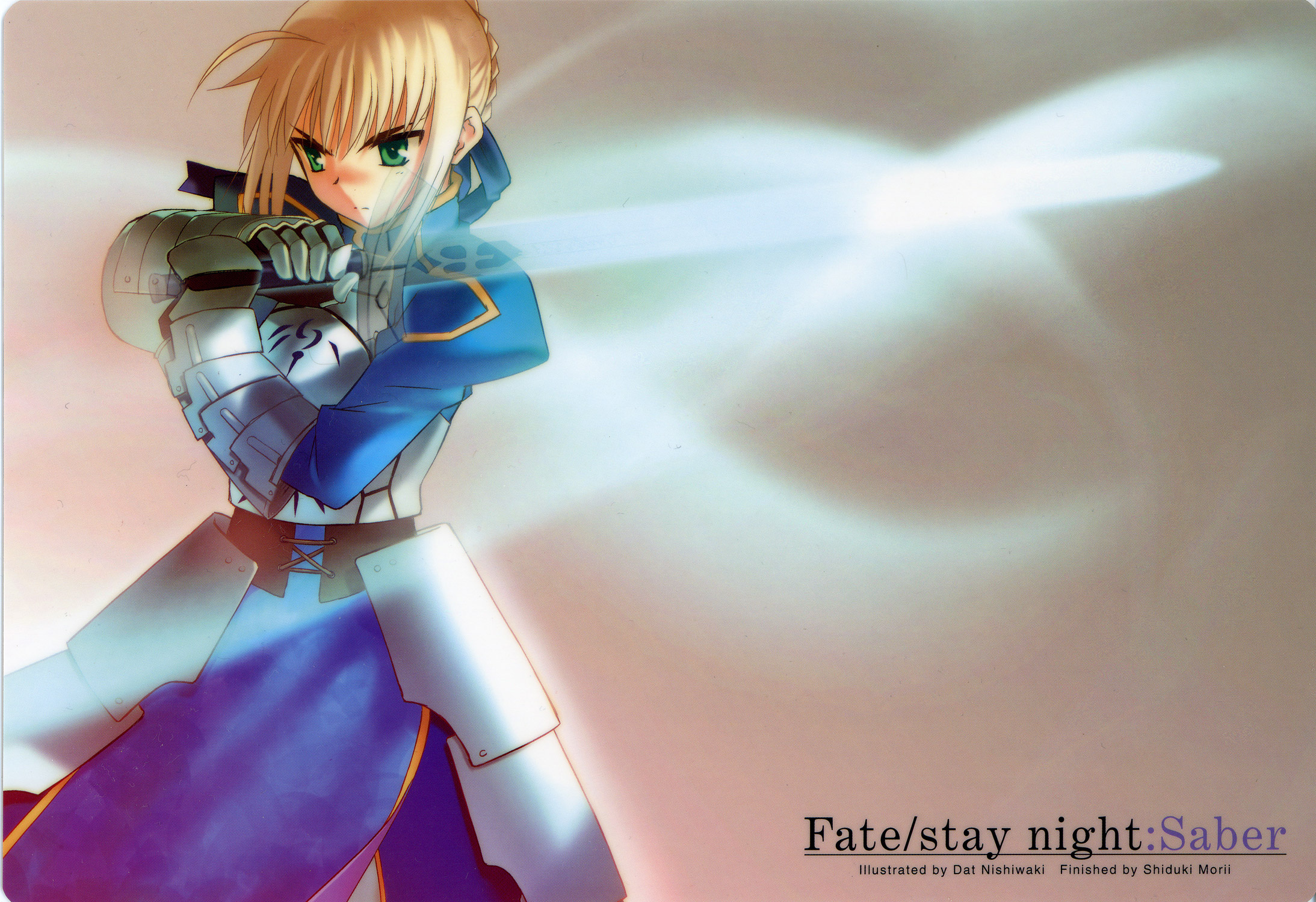 nishiwaki dat, artoria pendragon (fate), saber (fate), fate/stay night, fate (series), highres, 00s, 1girl, ahoge, armor, armored dress, blonde hair, braid, braided bun, dat nishiwaki, dress, excalibur (fate/stay night), faulds, female focus, gauntlets, green eyes, hair bun, hair ribbon, invisible air (fate), ribbon, shitajiki, solo, sword, weapon