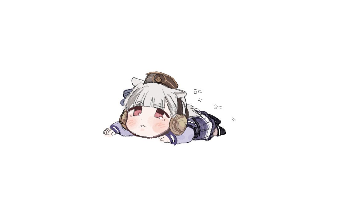 yuta uma9, gold ship (umamusume), umamusume, translation request, 1girl, animal ears, blush stickers, chibi, full body, grey hair, hat, horse ears, horse girl, long hair, long sleeves, lying, on stomach, pleated skirt, red eyes, school uniform, skirt, tracen school uniform