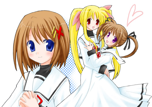fate testarossa, takamachi nanoha, yagami hayate, lyrical nanoha, mahou shoujo lyrical nanoha, mahou shoujo lyrical nanoha a's, lowres, non-web source, 00s, hug, school uniform, serafuku