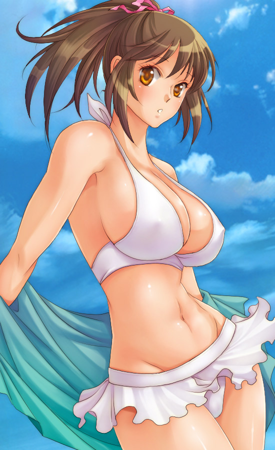 poso, original, bad id, bad pixiv id, 1girl, bikini, breasts, brown eyes, brown hair, cleavage, covered erect nipples, day, female focus, large breasts, looking at viewer, navel, outdoors, parted lips, ponytail, sky, solo, swimsuit, white bikini