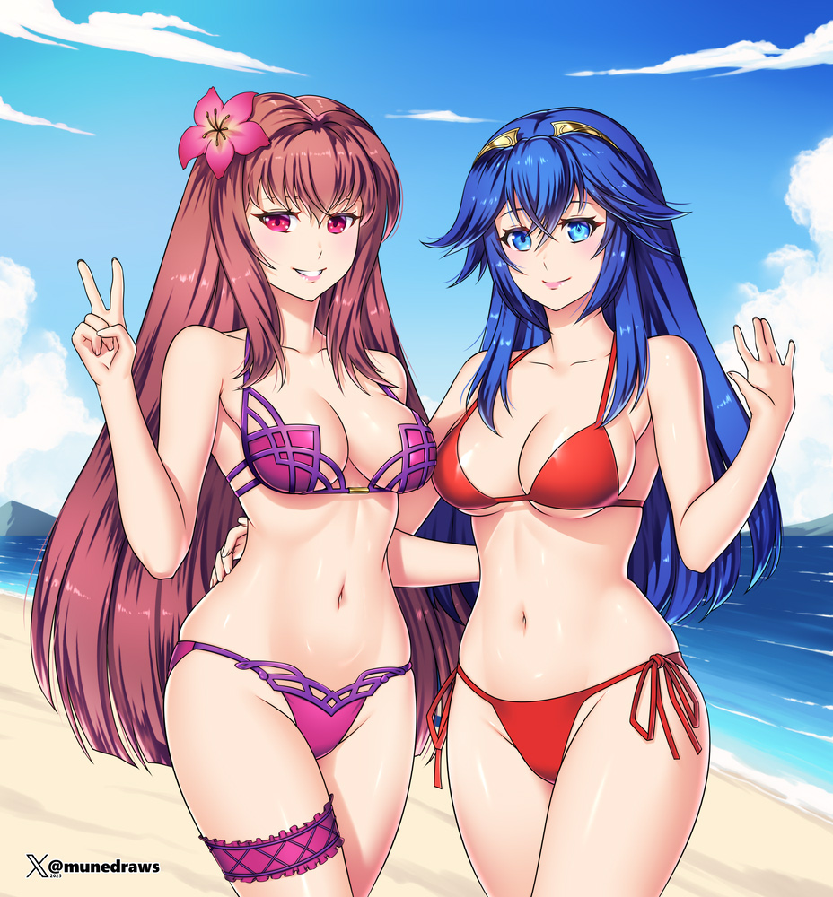etchimune, lucina (fire emblem), scathach (fate), scathach (fate/grand order), scathach (swimsuit assassin) (fate), fate/grand order, fate (series), fire emblem, fire emblem awakening, nintendo, 2girls, alternate costume, bare shoulders, beach, bikini, blue eyes, blue hair, blue sky, blush, breasts, cleavage, closed mouth, cloud, flower, frilled thigh strap, hair between eyes, hair flower, hair ornament, hibiscus, large breasts, long hair, looking at viewer, medium breasts, multiple girls, navel, ocean, official alternate costume, open mouth, outdoors, pink bikini, purple bikini, purple hair, red bikini, red eyes, sideboob, sky, smile, stomach, swimsuit, teeth, thigh strap, thighs, tiara, underboob, v, water