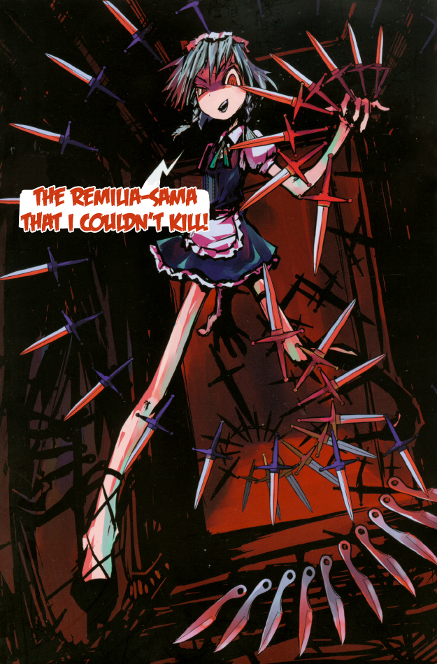 genocide kitten, genocidekitten, izayoi sakuya, touhou, 1girl, between fingers, braid, english text, female focus, holding, knife, maid, red eyes, short hair, solo, throwing knife, twin braids, weapon, white hair