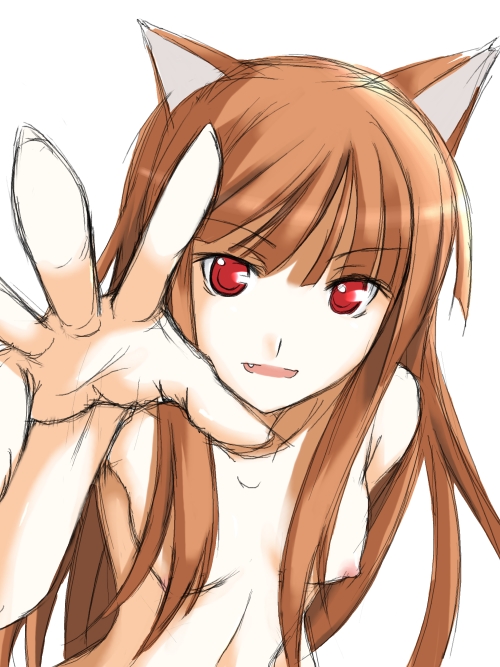 ribi, holo, spice and wolf, 00s, animal ears, brown hair, nude, red eyes, wolf ears