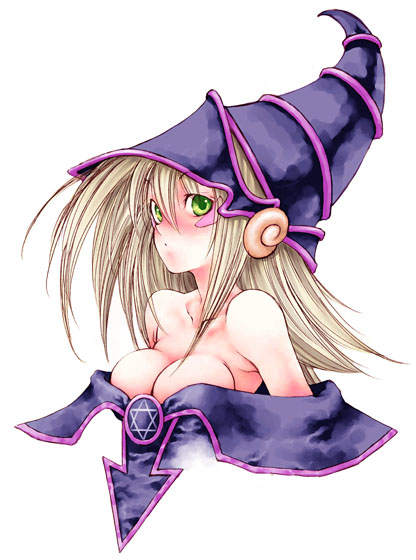 fuyube rion, dark magician girl, yu-gi-oh!, yu-gi-oh! duel monsters, 1girl, bare shoulders, blonde hair, breasts, cleavage, dark, duel monster, female focus, green eyes, hat, huge breasts, large breasts, long hair, magician, off shoulder, pentacle, purple hat, solo, white background