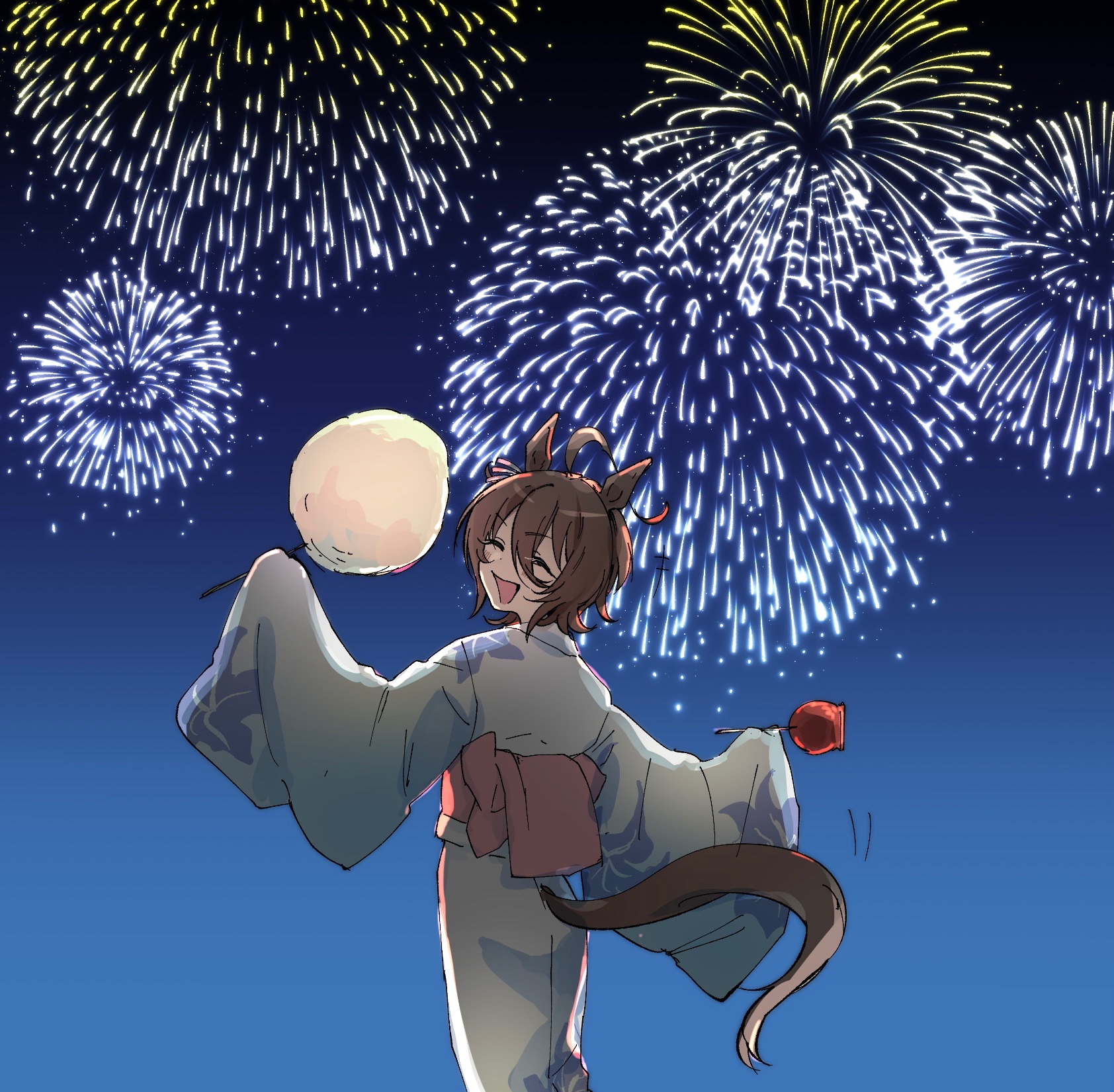 sonabaija, agnes tachyon (umamusume), umamusume, commentary, highres, symbol-only commentary, 1girl, aerial fireworks, ahoge, animal ears, brown hair, candy apple, closed eyes, cotton candy, fireworks, food, holding, holding food, horse ears, horse girl, horse tail, japanese clothes, kimono, long sleeves, looking back, night, night sky, obi, open mouth, sash, sky, sleeves past fingers, sleeves past wrists, smile, solo, tail