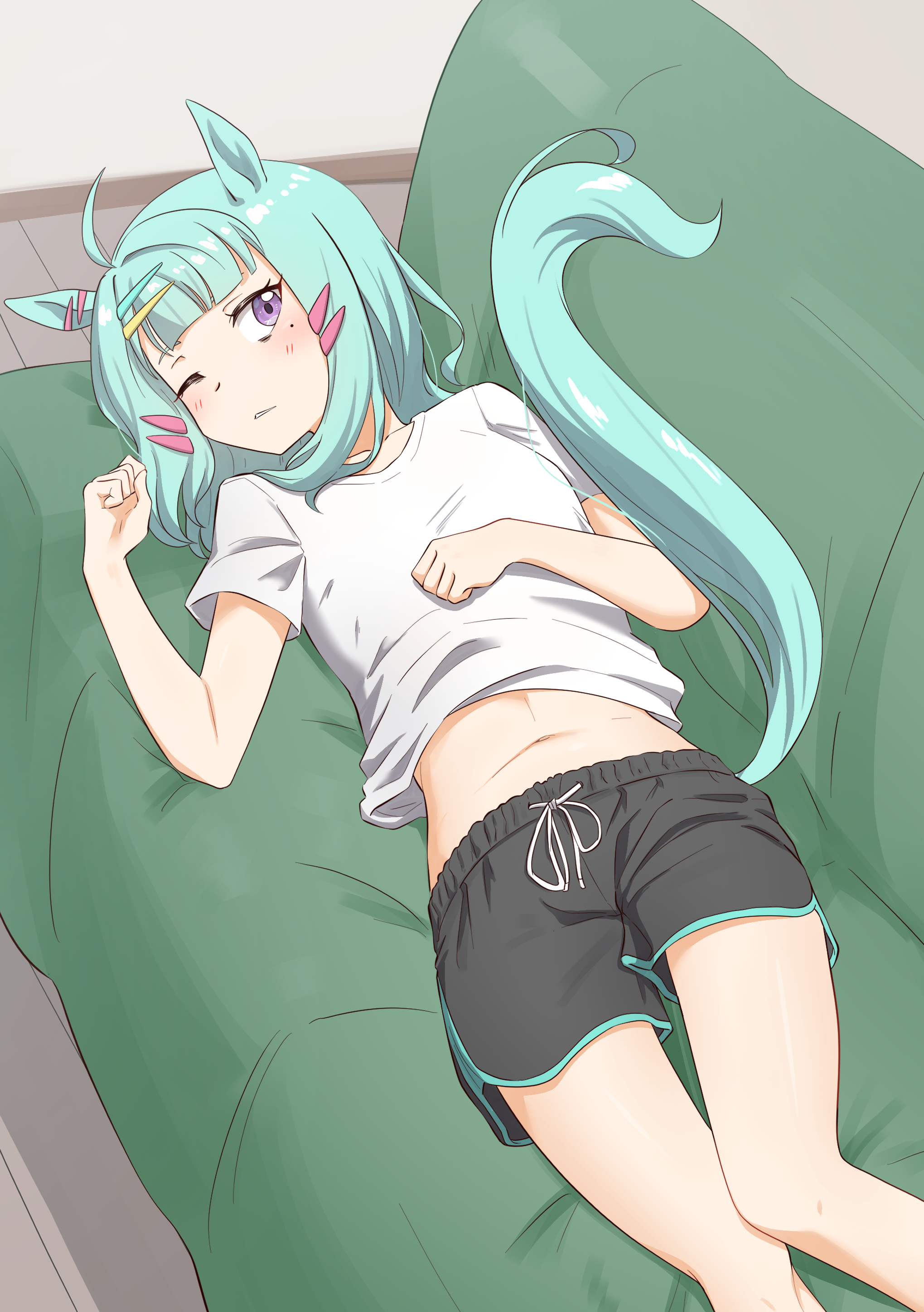 matsuba mattsu, sugar lights (umamusume), umamusume, absurdres, commentary request, highres, 1girl, ahoge, animal ears, blush, clothes lift, couch, dolphin shorts, earclip, hair ornament, hairclip, horse ears, horse girl, lying, midriff, mole, mole under eye, on back, one eye closed, parted lips, shirt, shirt lift, shorts, t-shirt, white shirt