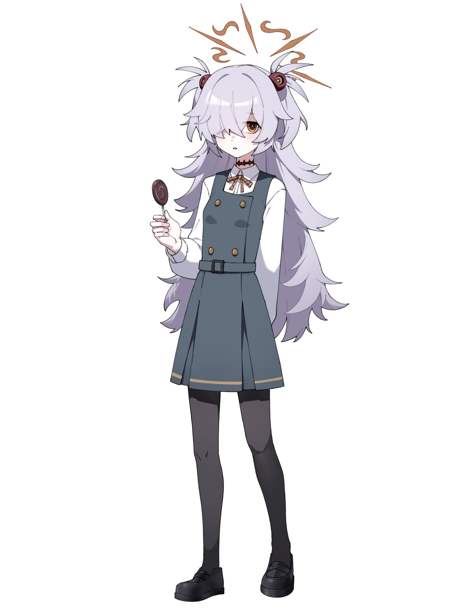 artpatient, kanoe (blue archive), blue archive, commentary, highres, 1girl, arm behind back, black choker, black pantyhose, black shoes, brown halo, candy, choker, food, full body, grey hair, hair over one eye, halo, holding, holding candy, holding food, long hair, looking at viewer, open mouth, pantyhose, shirt, shoes, simple background, solo, two side up, white background, white shirt