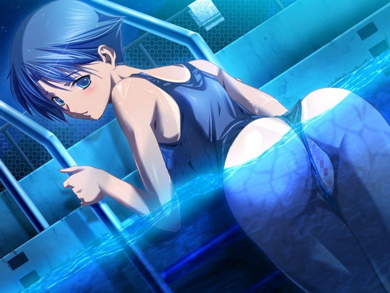 m&m, mikumo kazusa, natsukami, game cg, 1girl, against wall, ass, back, bare shoulders, bent over, blue eyes, blue hair, blue one-piece swimsuit, blush, breasts, censored, chain-link fence, clothing aside, cowboy shot, female focus, fence, ladder, light smile, looking at viewer, looking back, matching hair/eyes, moonlight, mosaic censoring, night, night sky, one-piece swimsuit, one-piece tan, outdoors, parted bangs, partially submerged, partially underwater shot, pool ladder, presenting, pussy, school swimsuit, short hair, sky, small breasts, smile, solo, star (sky), swimsuit, swimsuit aside, tan, tanline, tomboy, towel, tree, underwater, wet, wet clothes, wet hair