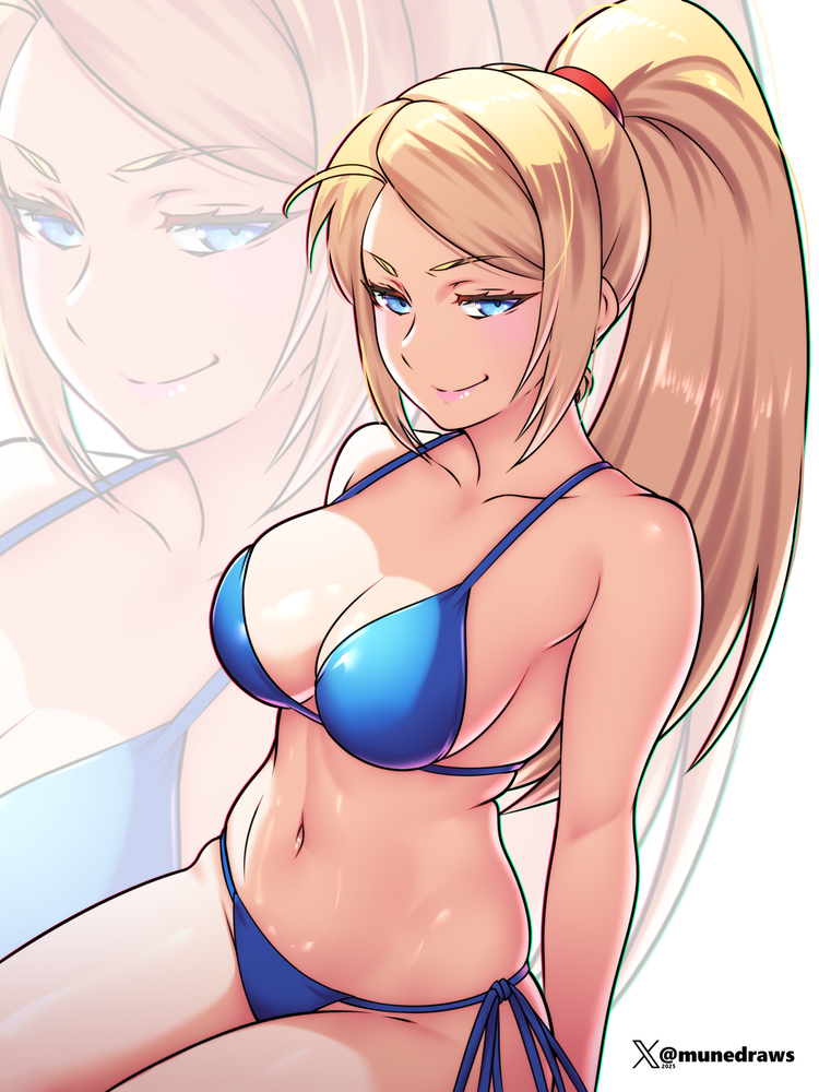 etchimune, samus aran, metroid, nintendo, 1girl, bare shoulders, bikini, blonde hair, blue bikini, blue eyes, blush, breasts, cleavage, closed mouth, clothing cutout, collarbone, hair tie, large breasts, long hair, looking at viewer, navel, ponytail, smile, solo, stomach, swimsuit
