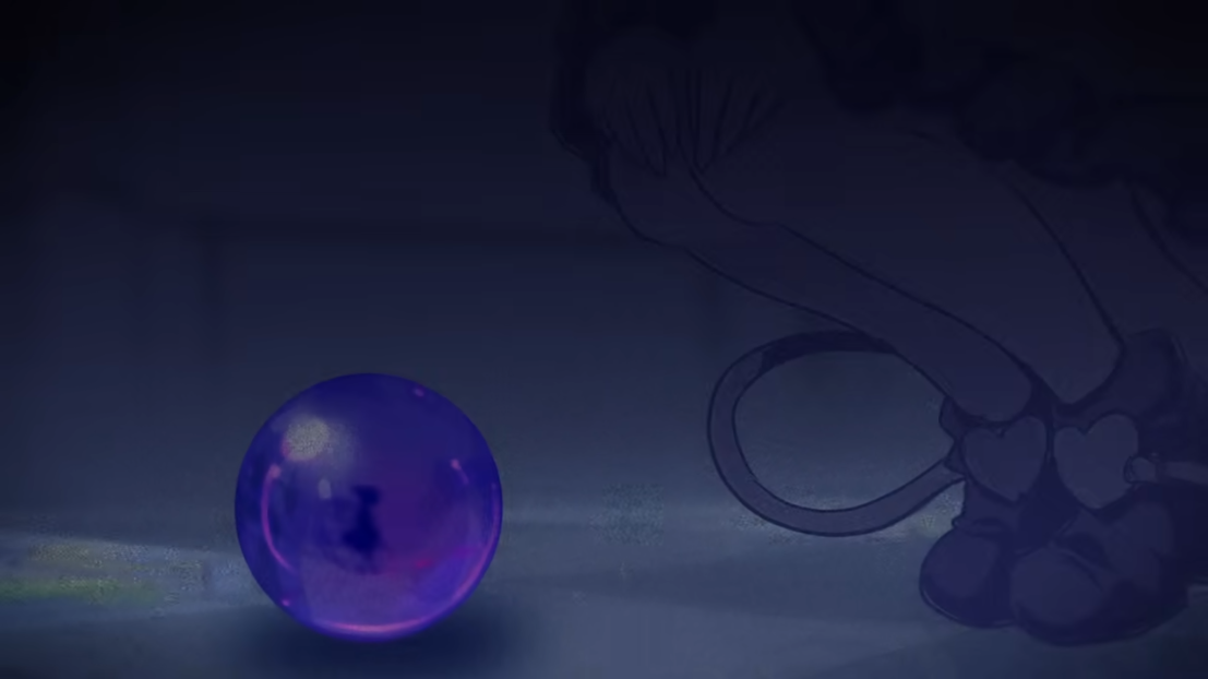 joyfull (terrace), komeiji koishi, touhou, urban legend in limbo, commentary request, 1girl, boots, dark, frills, hugging own legs, knees up, muisiki rekuiemu, night, orb, outdoors, shirt, skirt, solo, squatting, third eye
