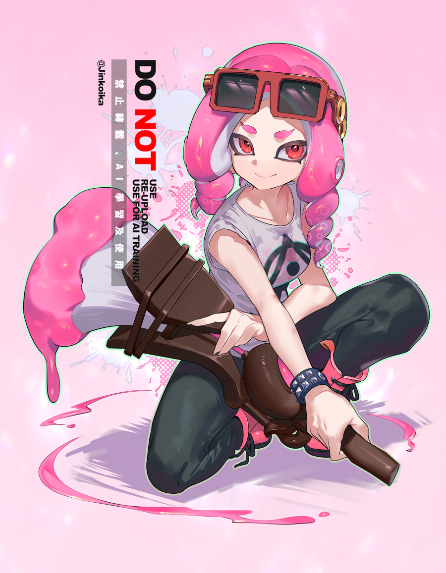 jinkoika, octoling girl, octoling player character, nintendo, splatoon (series), commentary, english commentary, 1girl, black pants, boots, bracelet, breasts, closed mouth, eyewear on head, full body, holding, holding weapon, jewelry, lace-up boots, long hair, medium breasts, octobrush (splatoon), octoling, pants, pink boots, pink hair, red-framed eyewear, red eyes, shirt, short sleeves, smile, solo, studded bracelet, sunglasses, tentacle hair, weapon, white shirt