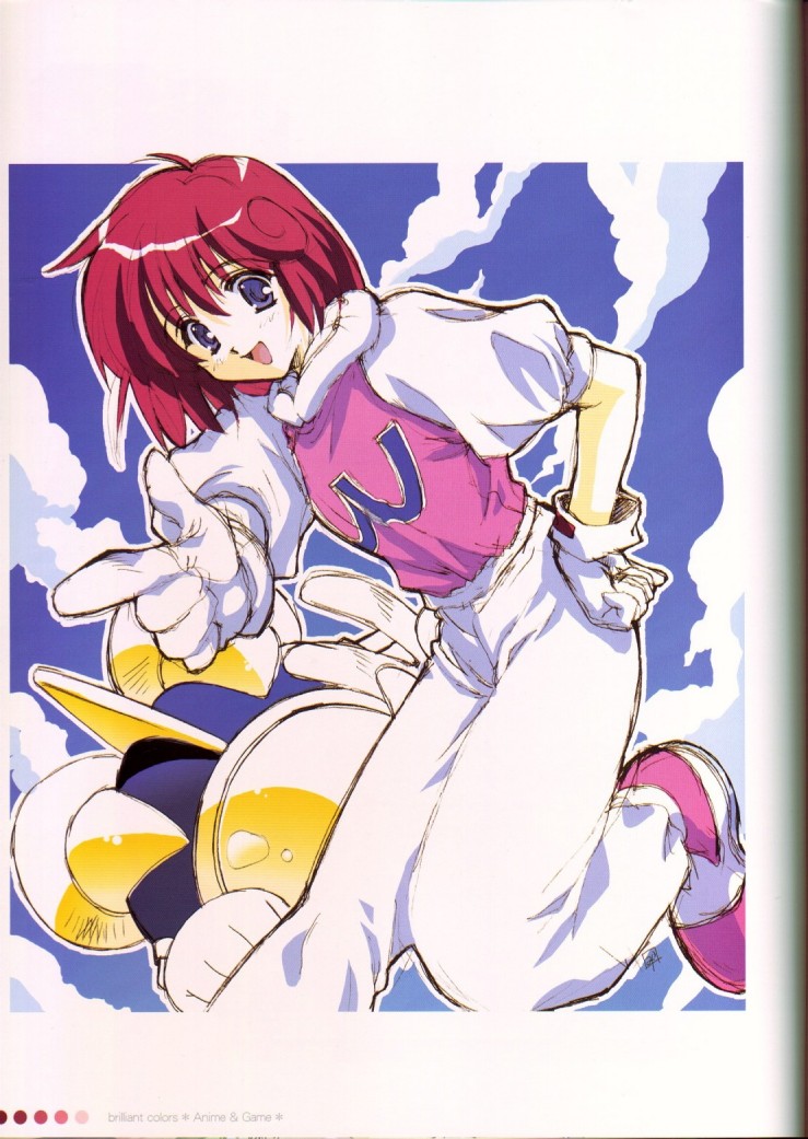 mitsumi misato, pastel (twinbee), twinbee (character), twinbee, artbook, 1girl, blue eyes, cloud, flat chest, gloves, happy, looking at viewer, open mouth, outdoors, pants, pointing, red hair, retro artstyle, shoes, short hair, sketch, smile, sneakers