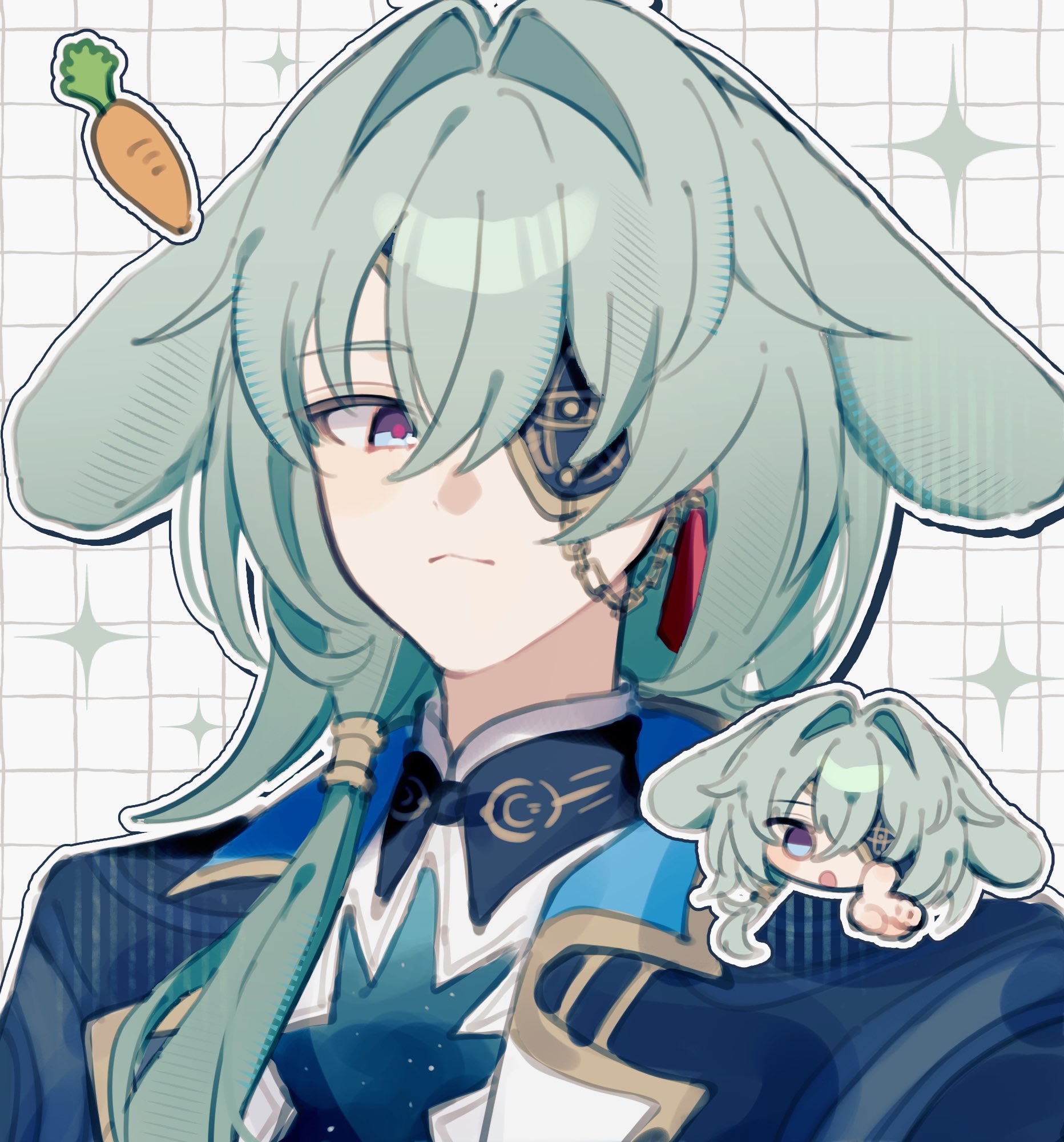 anaxa (honkai: star rail), honkai: star rail, honkai (series), highres, 1boy, animal ears, aqua hair, black jacket, blue eyes, carrot, chain, chibi, closed mouth, earrings, eyepatch, gem, hair between eyes, hair intakes, jacket, jewelry, lapels, male focus, mandarin collar, medium hair, notched lapels, one eye covered, pi x ppi, pink pupils, rabbit boy, rabbit ears, red gemstone, shirt, side ponytail, single earring, solo, sparkle, upper body, white shirt