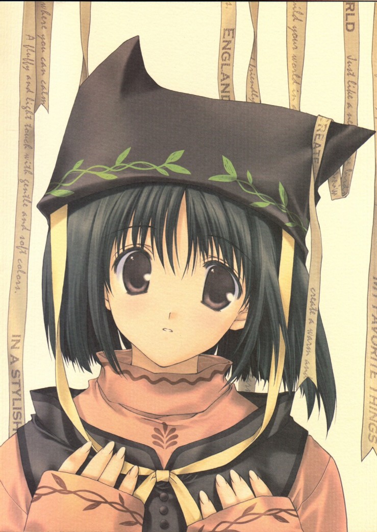 mitsumi misato, original, tagme, 1girl, animal hat, black hair, black hat, english text, female focus, hat, head tilt, portrait, short hair, simple background, solo, yellow background
