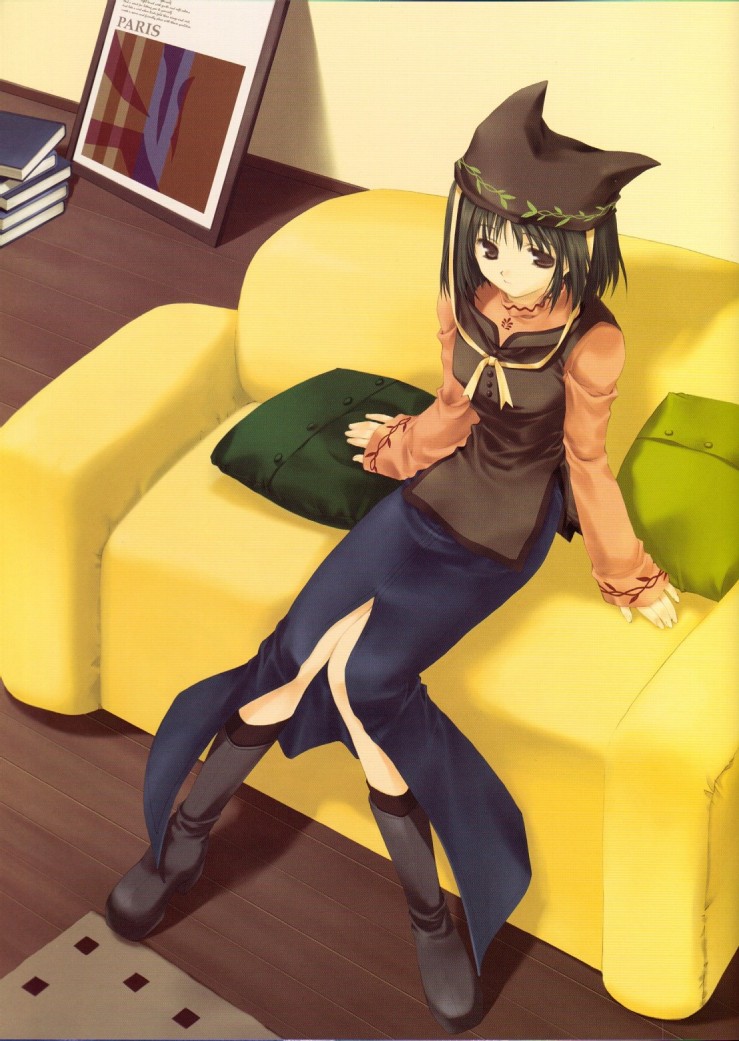 mitsumi misato, original, 1girl, animal hat, boots, couch, female focus, hat, sitting, skirt, solo, yellow upholstery