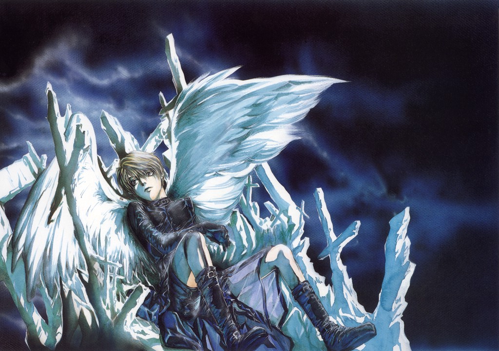 yuki kaori, mudou setsuna, angel sanctuary, lost angel, artbook, 1boy, angel wings, blonde hair, buckle, buckler, gloves, leather, male focus, outdoors, shield, sitting, sky, solo, wings