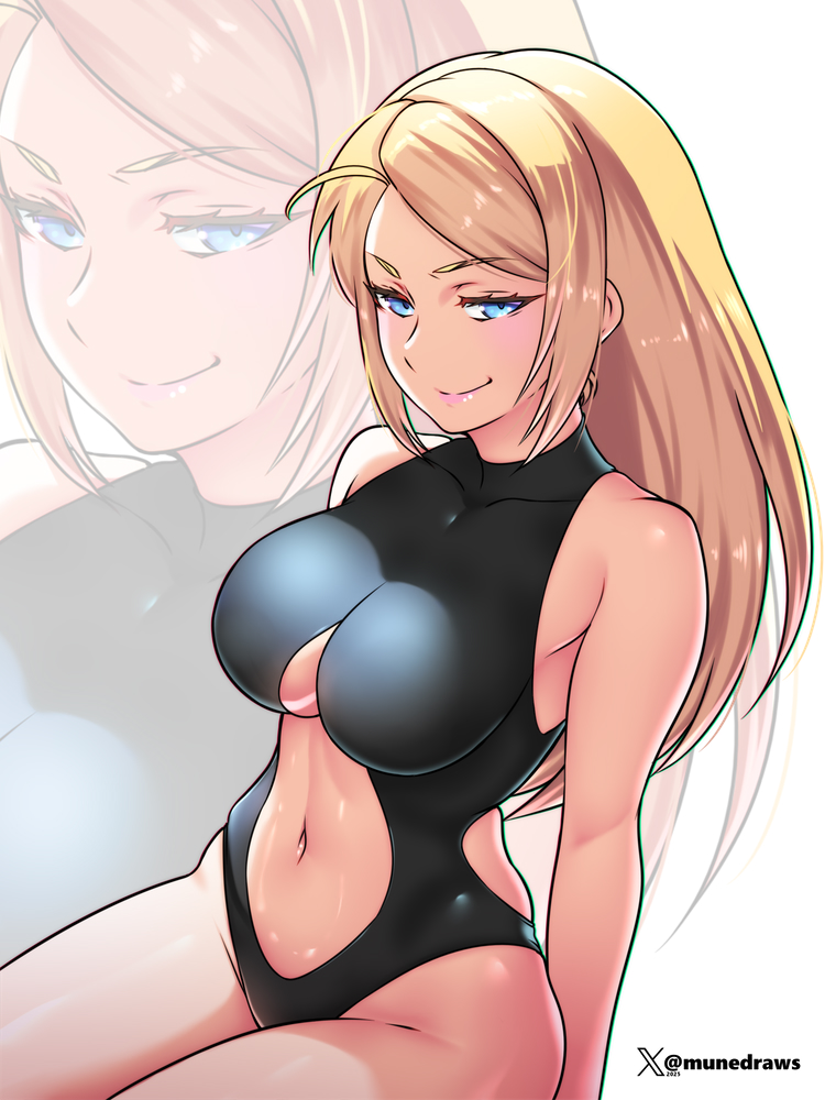 etchimune, samus aran, metroid, nintendo, 1girl, bare shoulders, black one-piece swimsuit, blonde hair, blue eyes, blush, breasts, closed mouth, clothing cutout, collarbone, large breasts, long hair, looking at viewer, navel, one-piece swimsuit, smile, solo, stomach, stomach cutout, swimsuit
