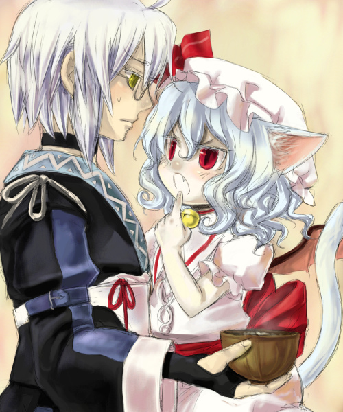 ono mochiko, morichika rinnosuke, remilia scarlet, touhou, 1boy, 1girl, animal ears, bat wings, bell, cat ears, cat tail, choker, fingerless gloves, gloves, hat, hetero, holding, jingle bell, kemonomimi mode, pointing, red eyes, short hair, slit pupils, tail, white hair, wings, yellow eyes