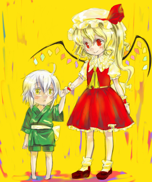 ono mochiko, flandre scarlet, morichika rinnosuke, touhou, silver hair, 1boy, 1girl, age difference, aged down, ahoge, blonde hair, bracelet, child, dress, glasses, green dress, hat, hat ribbon, height difference, holding hands, japanese clothes, jewelry, kimono, mob cap, red eyes, red ribbon, red skirt, ribbon, shoes, short hair, side ponytail, skirt, smile, white hat, wings, yellow background, yellow eyes, yukata