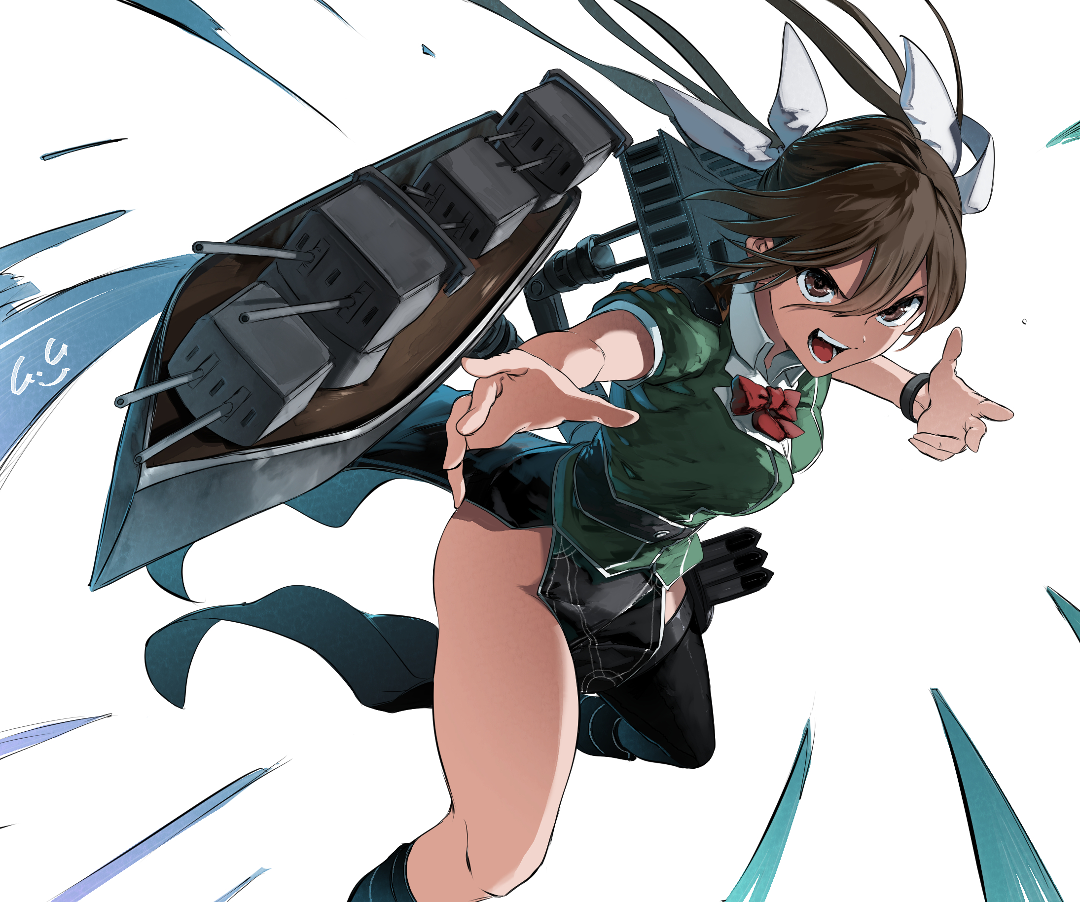 gegesan, tone (kancolle), tone kai ni (kancolle), kantai collection, highres, 1girl, adapted turret, aircraft catapult, asymmetrical legwear, black gloves, blush, bow, bowtie, breasts, brown eyes, brown hair, cannon, elbow gloves, gloves, hair between eyes, hair ribbon, long hair, looking at viewer, machinery, military uniform, open mouth, pelvic curtain, red bow, red bowtie, ribbon, rigging, rudder footwear, ship turret, signature, single elbow glove, single thighhigh, smile, solo, thighhighs, twintails, uneven legwear, white ribbon