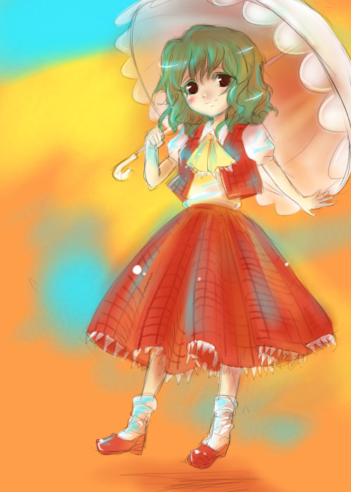 ono mochiko, kazami yuuka, touhou, 1girl, ascot, female focus, green hair, light smile, parasol, plaid clothes, plaid skirt, plaid vest, red eyes, short hair, skirt, skirt set, solo, umbrella, vest