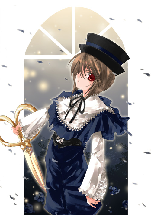 kokono coco, souseiseki, rozen maiden, 00s, brown hair, frills, hat, red eyes, scissors, short hair, solo
