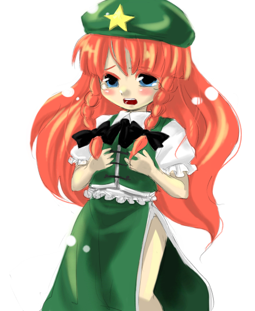 ono mochiko, hong meiling, embodiment of scarlet devil, touhou, 1girl, blue eyes, braid, china dress, chinese clothes, dress, female focus, long hair, red hair, simple background, solo, tears, twin braids