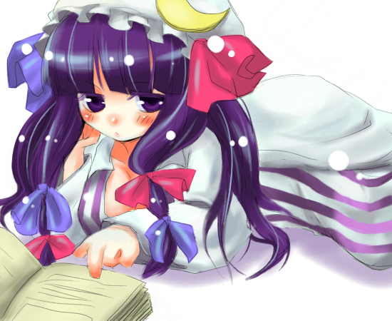 ono mochiko, patchouli knowledge, touhou, 1girl, blue bow, blunt bangs, book, bow, crescent, dress, female focus, full body, hair bow, hat, long hair, long sleeves, lying, mob cap, multi-tied hair, multiple hair bows, on stomach, open book, pink bow, purple eyes, purple hair, reading, red bow, solo, very long hair, white dress