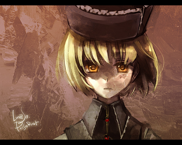 cosmic chicken, inuinui, lunasa prismriver, touhou, 1girl, blonde hair, female focus, hat, letterboxed, orange eyes, portrait, short hair, solo