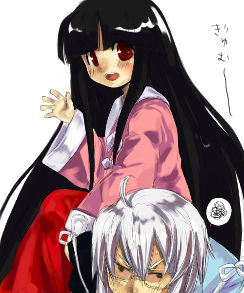 ono mochiko, houraisan kaguya, morichika rinnosuke, touhou, silver hair, 1boy, 1girl, ahoge, annoyed, black hair, blush, glasses, long hair, looking at viewer, open hand, open mouth, red eyes, short hair, simple background, sitting, sitting on person, skirt, smile, very long hair, white background, wide sleeves