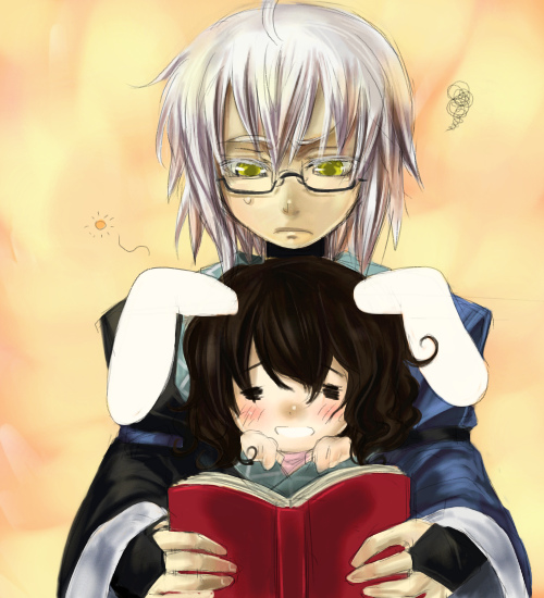 ono mochiko, inaba tewi, morichika rinnosuke, touhou, 1boy, 1girl, = =, animal ears, annoyed, blush, book, glasses, rabbit ears